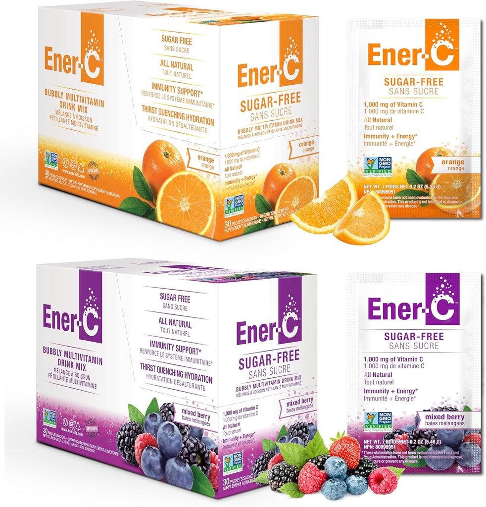 Ener-C 无糖多维他命饮料 混合饮料 - 水用维生素粉,无糖电解剂,水解靴包,零糖,维生素C & B12 补充液态混合物 - 橙色和莓, 60 Counter
