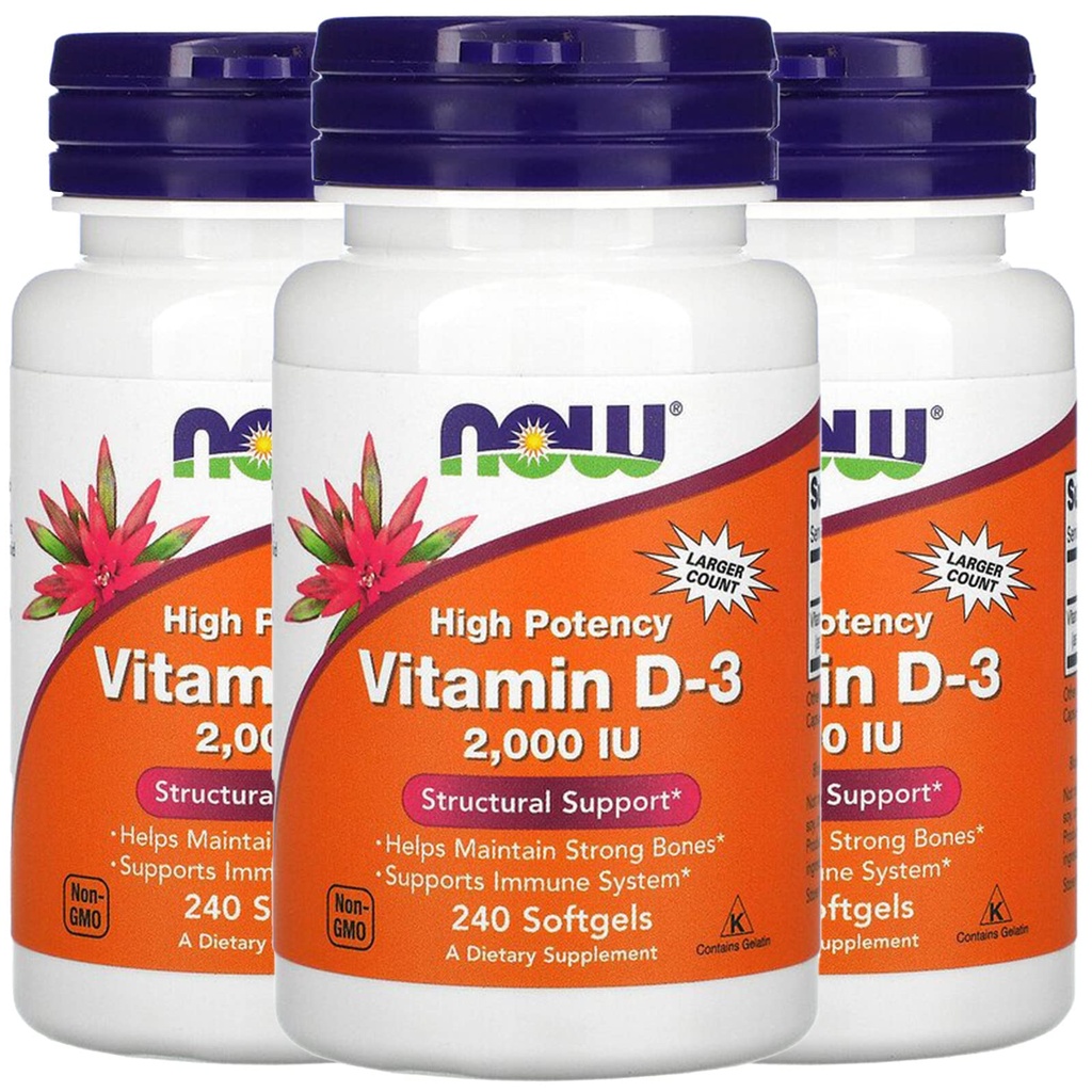 NOW Foods Vitamin D-3, 50 mcg (2,000 IU), 240 Softgels, 3 Pack