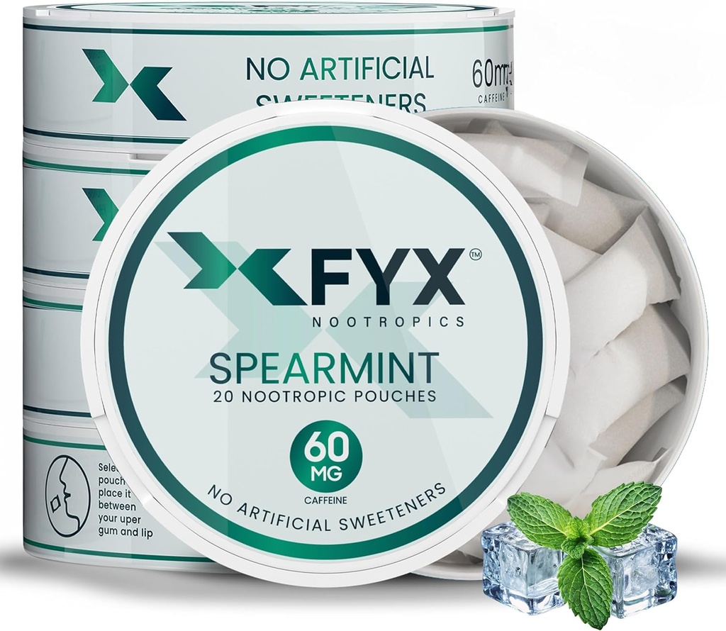 FYX Cafeine Nootropic Pouches – 清洁能源与焦点与Alpha-GPC,L-Tyrosine & L-Theanine – 60mg Cafeine Pouches – 无糖阿尔pha Nootropic Poches – 5-Pack (5-Count, Spearmint) (中文(简体) ).
