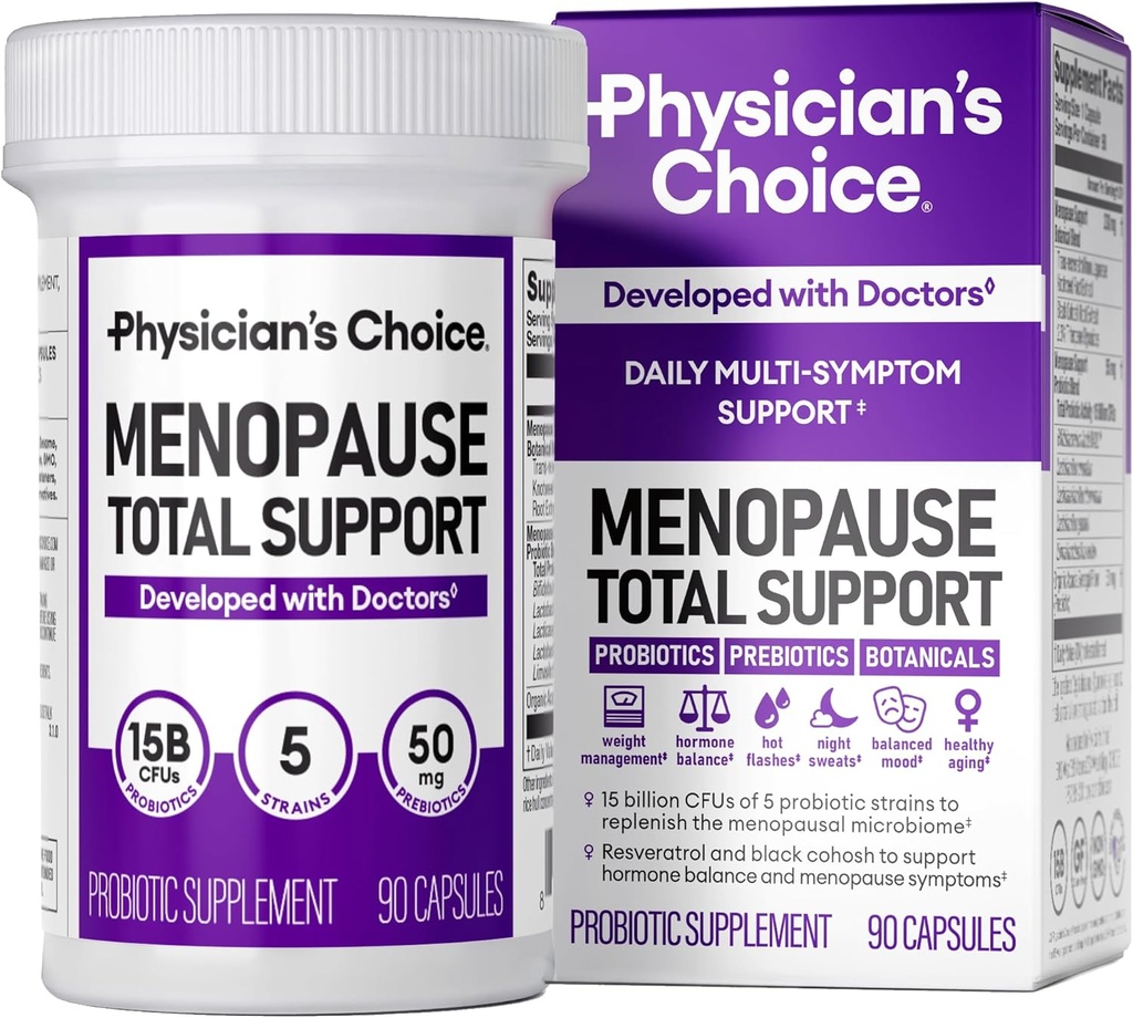 物理学家的CHOICE MENOPAUSE Probiotic Supplex for Women - 支持荷尔蒙平衡,热闪光,夜汗,体重管理,布洛廷和古特健康 - 与黑科霍什,Resveratrol+ - 90ct