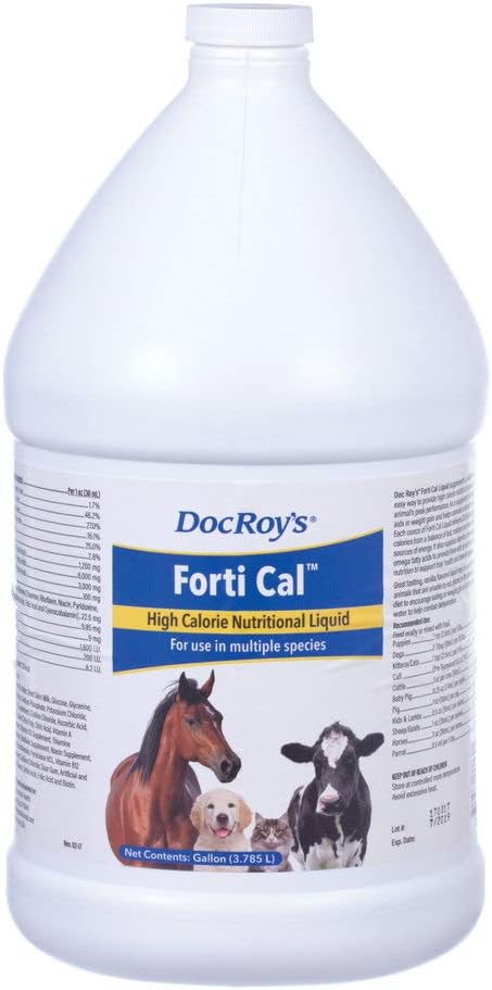 多克·罗伊的Forti Cal Liquid,High Calorie Energy Assupport for Dogs, Cats, Hors, 牲畜,支持体重增益,恢复,水分,与Omega 3 6 9,维生素 A D3 E C, 在美国制造, 1 加仑
