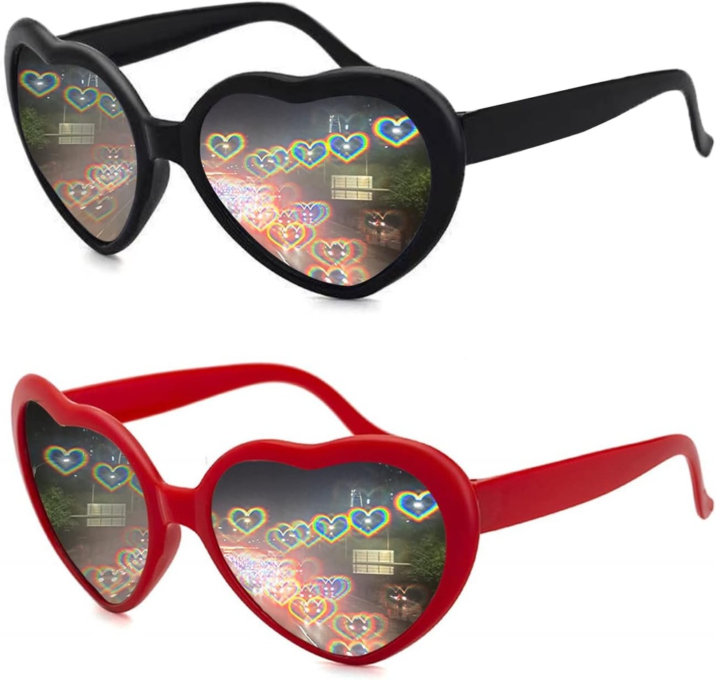 2 Pack Heart shaped Diffraction Glass for Women, Heart Effect Sunclass 完美地为情人节附属节目,狂欢派对,婚礼派对,音乐晚会,烟火表演.