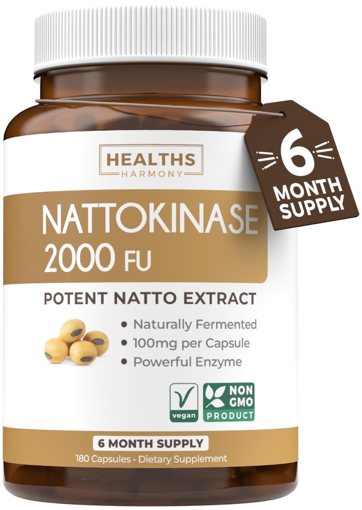 健康和谐 Nattokinase 2000 FU(非GMO) 强力 Nattokinase 增产自天然发酵的大豆 - (6个月供应) 180 Vegan Natto Capsules