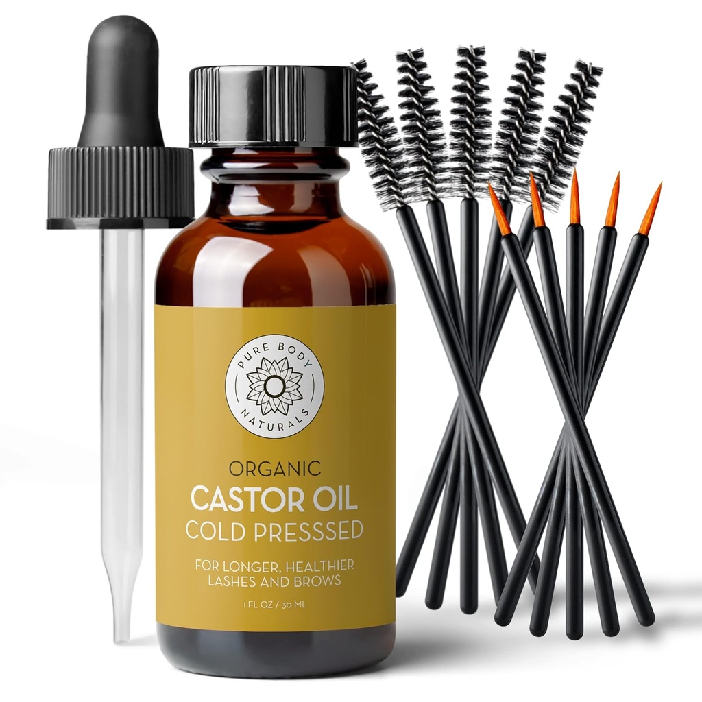 纯体天然铸造机油用于眼睫毛和眉毛 - 1 Fl Oz Nourishing Brow & Lash Growing Serum - 有机体,六烷自由型,冷压型,未精炼型 - 眼睫毛和眉毛生长液给女性