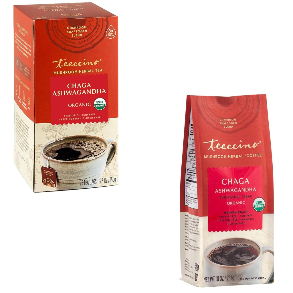 Teeccino Chaga Ashwagandha Tea & Chaga Ashwagandha 咖啡替代箱、奶油巧克力、咖啡因无酸和无酸、适应性草药蘑菇咖啡