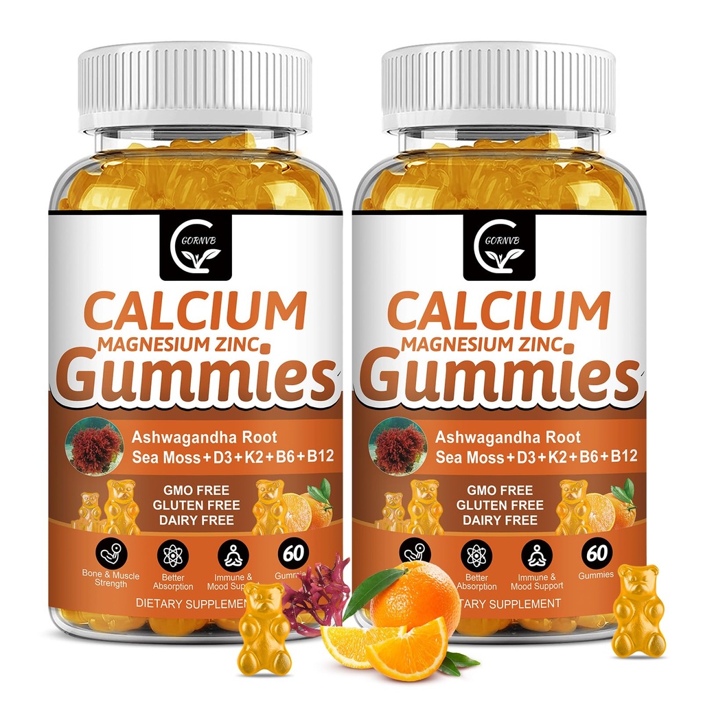 1,200mg 含维生素D3,K2,B12 & B6的钙 – 植物复合钙 镁 辅料 Glycnit, Potassium, Sea Moss, Ashwagandha Root for Bone & Teeth strong, Muscle & Immune-2 Pack