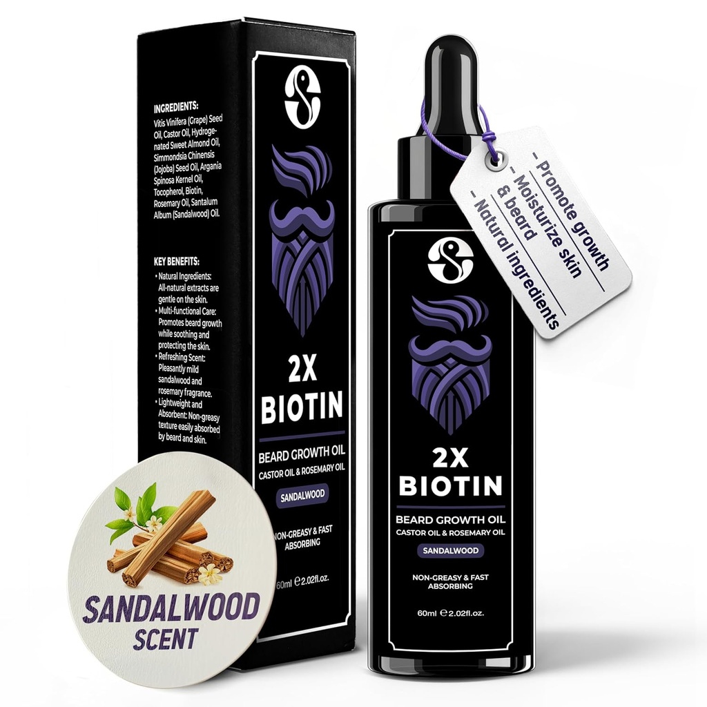 Biotin浓度 胡子Thickener & Sweeder - 2oz 配有 Castor Oil, Rosemary Oil 和维生素 - Sandalwood Scent for Men