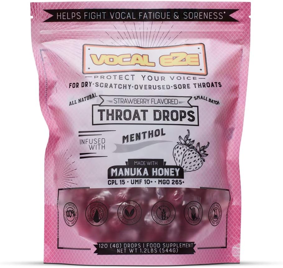 Vocal Eze Manuka蜂蜜草莓 UMF 10+(MGO 265+) Menthol Cough Drops (120) | Lozenges for Sore, Hoarse, Fatigue, 喉咙干燥 |声支持,所有自然和有机成分