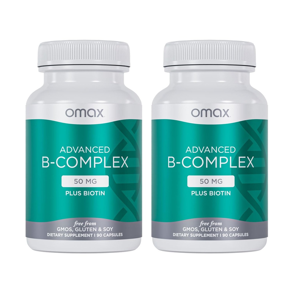 Omax3 2瓶 - 高级维生素B Complex 50MG 配有 Biotin QQ 强和闪亮的头发, 皮肤钉, 支持压力, 豁免, 能量代谢, 90 Capsules/每瓶