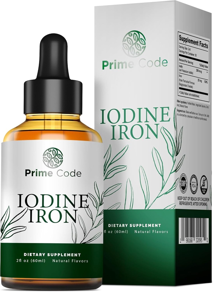 Prime Code [2 in 1] 碘液补充剂 铁 - 碘补充剂 Trops for Throid 250mcg - 支持 Throid Health Skin Health - Organic, Vegan, Non-GMO, 酒精和无葡萄糖