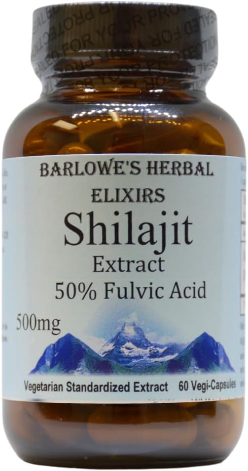 Barlowe的草药 Elixirs Shilajit 摘录 | 500mg Per Capsule | 50% Fulvic酸 | 矿物-Rich Himalayan 生命力与健康补充 | 60 Vegan Capsules | |  Non 非GMO, Gluten-Free, Glass Botled
