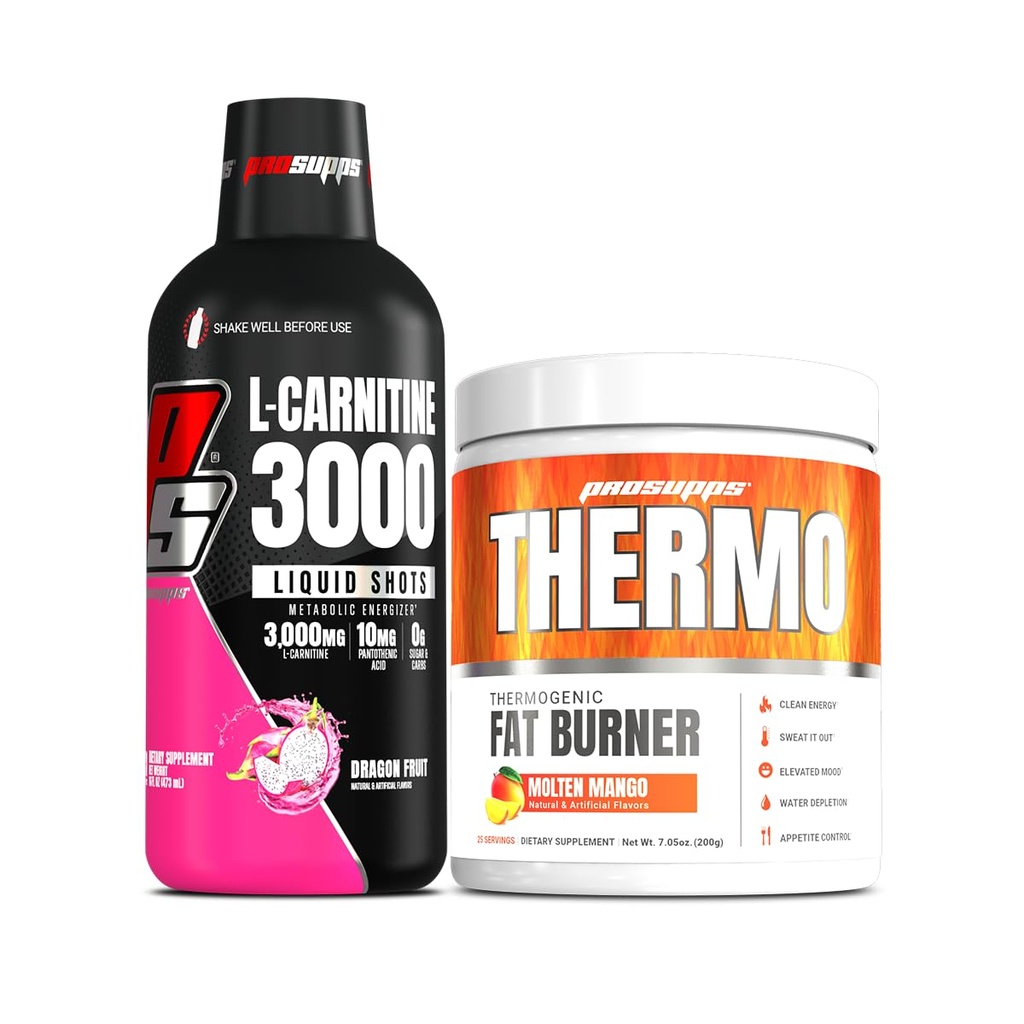 PROSUPS L-Carnitine 3000 无兴奋剂液体射击(31架,龙果)和热肥燃烧热粉(25架,摩腾芒果)