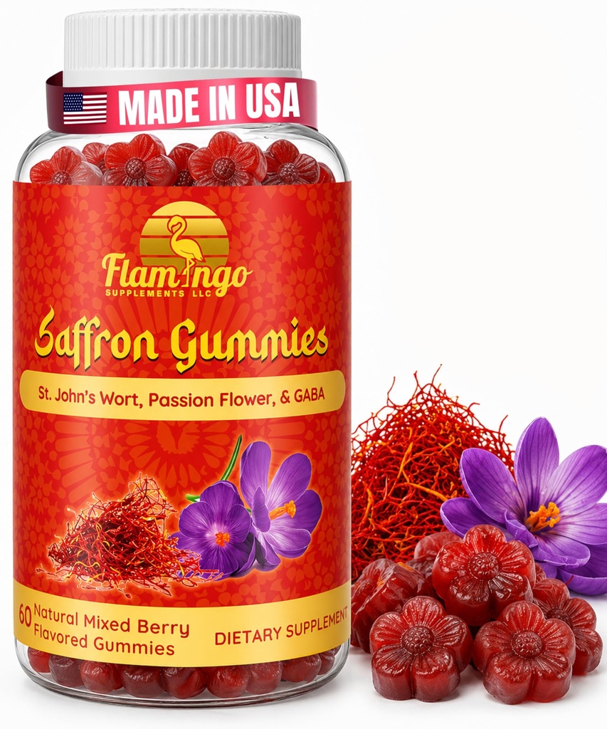 Saffron Extract Gummies-Sugar Free Saffron Supplement Enhanced with GABA, Saint John's Wort, Passion Flower- Saffron Supplements for Kids, Women, Men. Focus and Mood Support. 60 Saffron Gummies