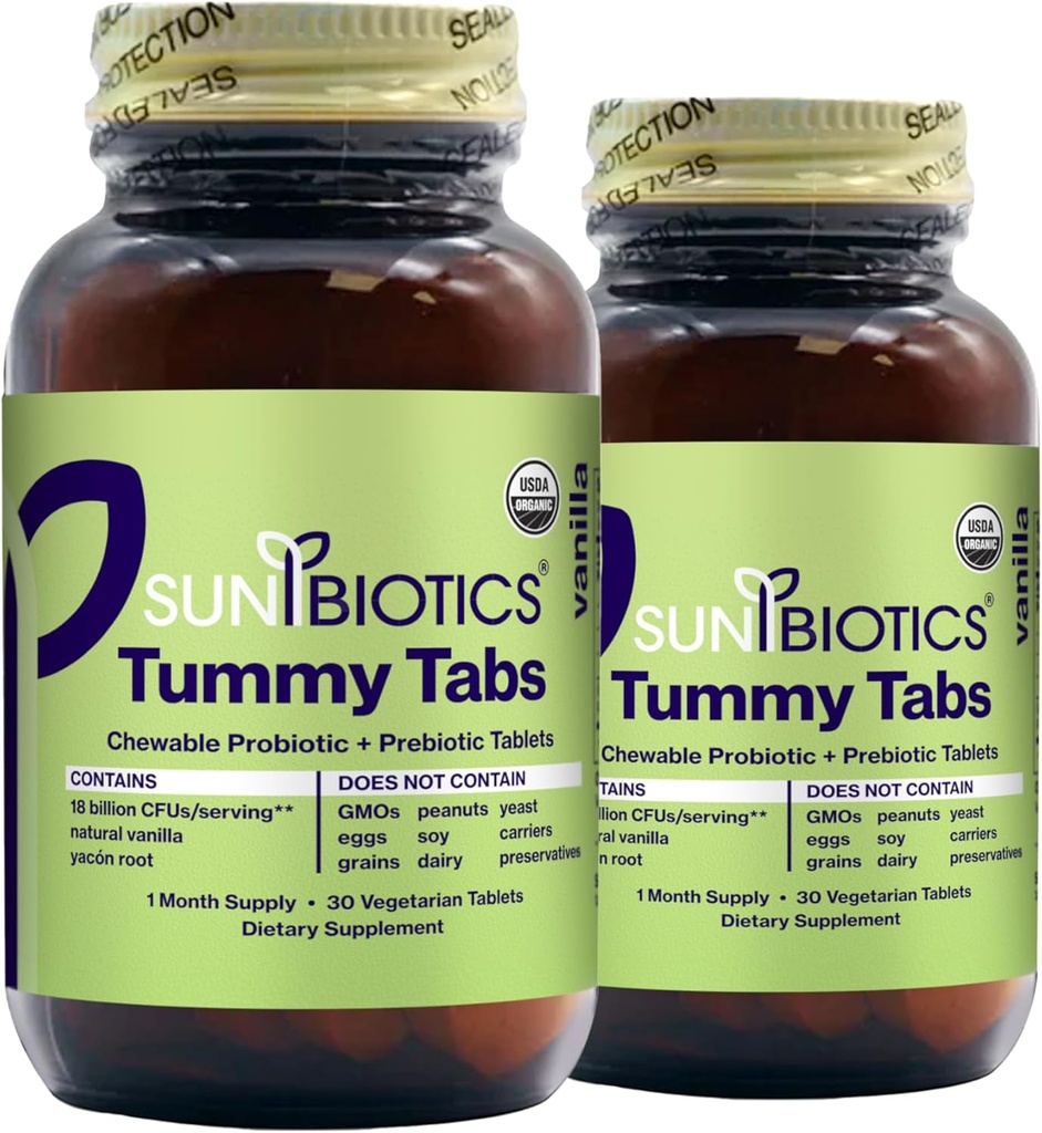 SUNBIOTICS Tummy Tabs - 含18亿共4个Probiot Strains for Good Gut Flora, Imune System, & 平衡微生物群 - 香草,(Pack of 2)
