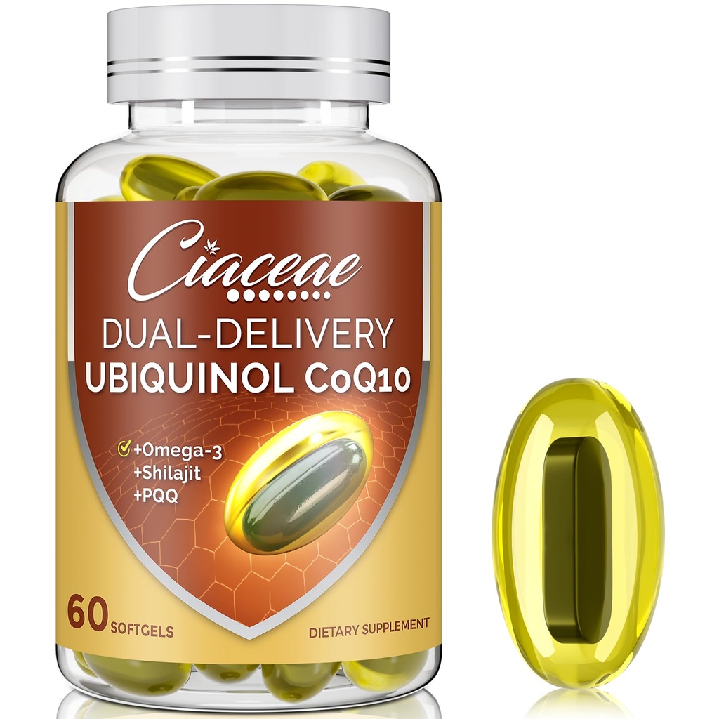 Ubiquinol CoQ10 600 MG 软胶加Omega-3 & Shilajit & PQQ,高级双联产Coenzyme-Q10,活性CoQ10 Ubiquinol 增生,抗氧化剂,心脏,脑和能量,60种服务