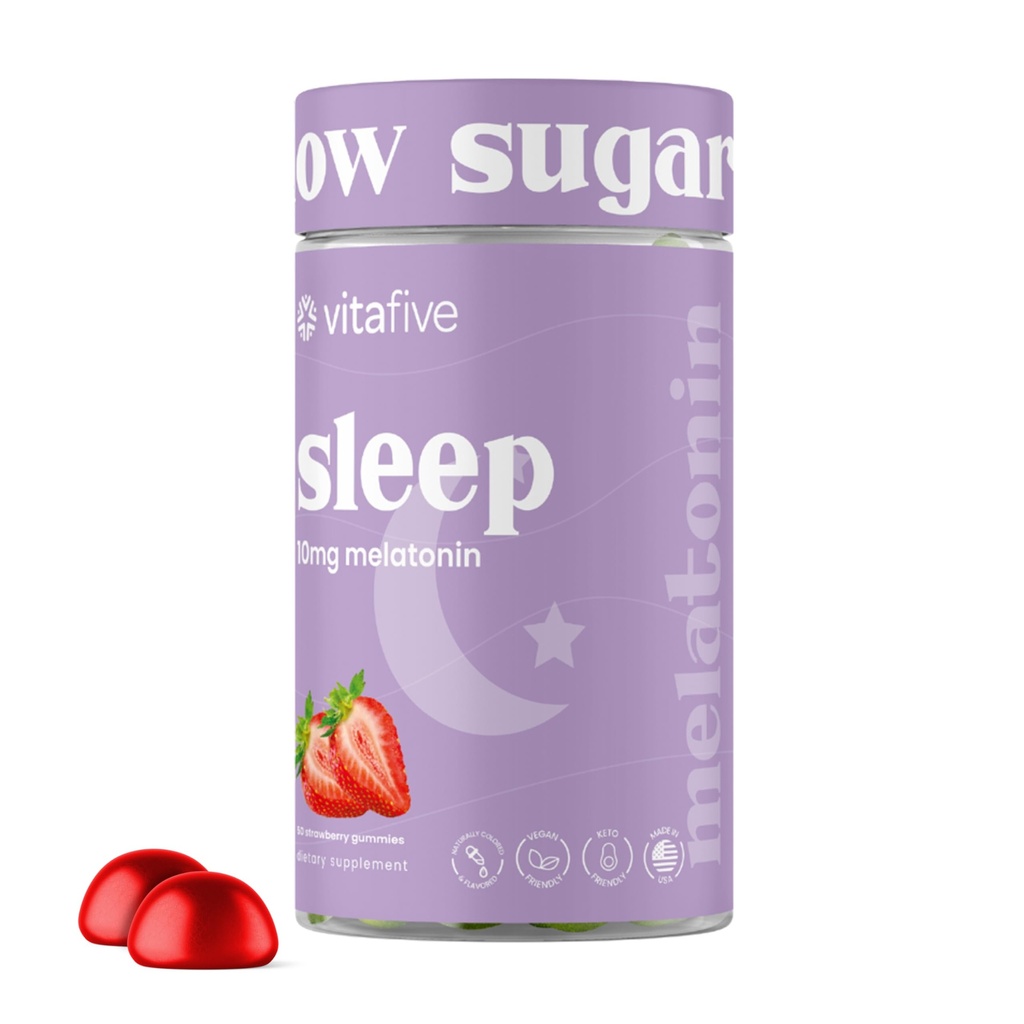 Vita 5 Extra Starge Melatonin Gummys, 10 mg Melatonin, 成人睡眠援助, 低糖, Vegan, Gluten Free Melatonin 补编(50 Ct)