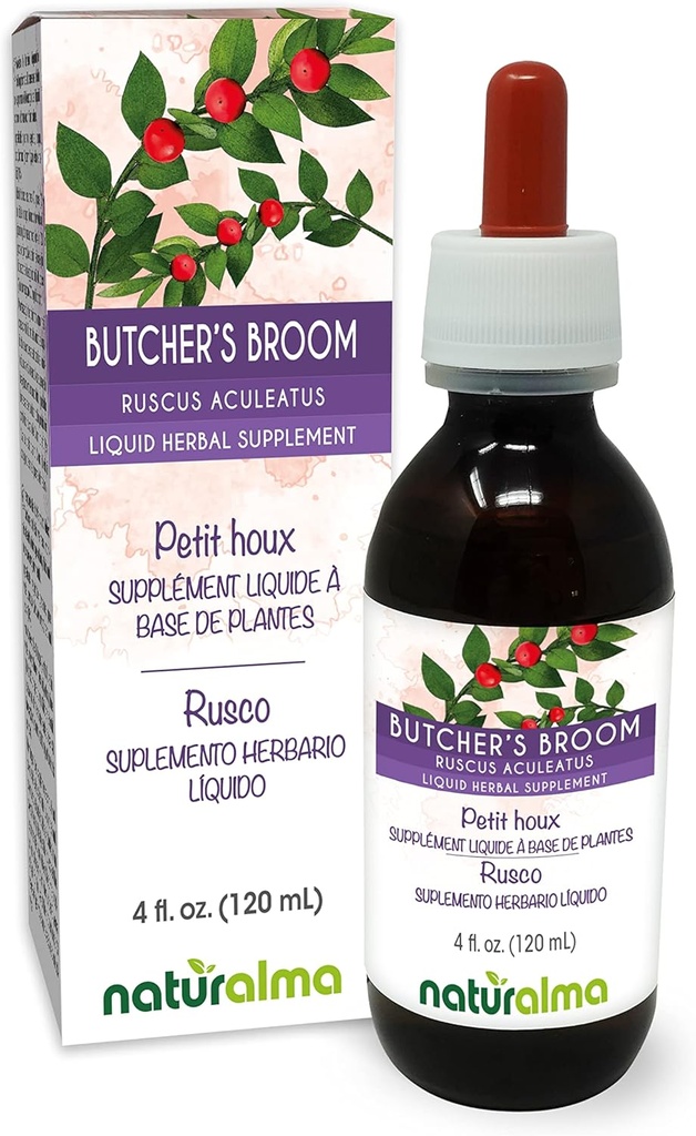 Naturalma Butcher's Broom (Ruscus aculeatus) 根无酒精丁香 - 4 fl oz 液体在滴滴中提取 - 草药补充 - Vegan
