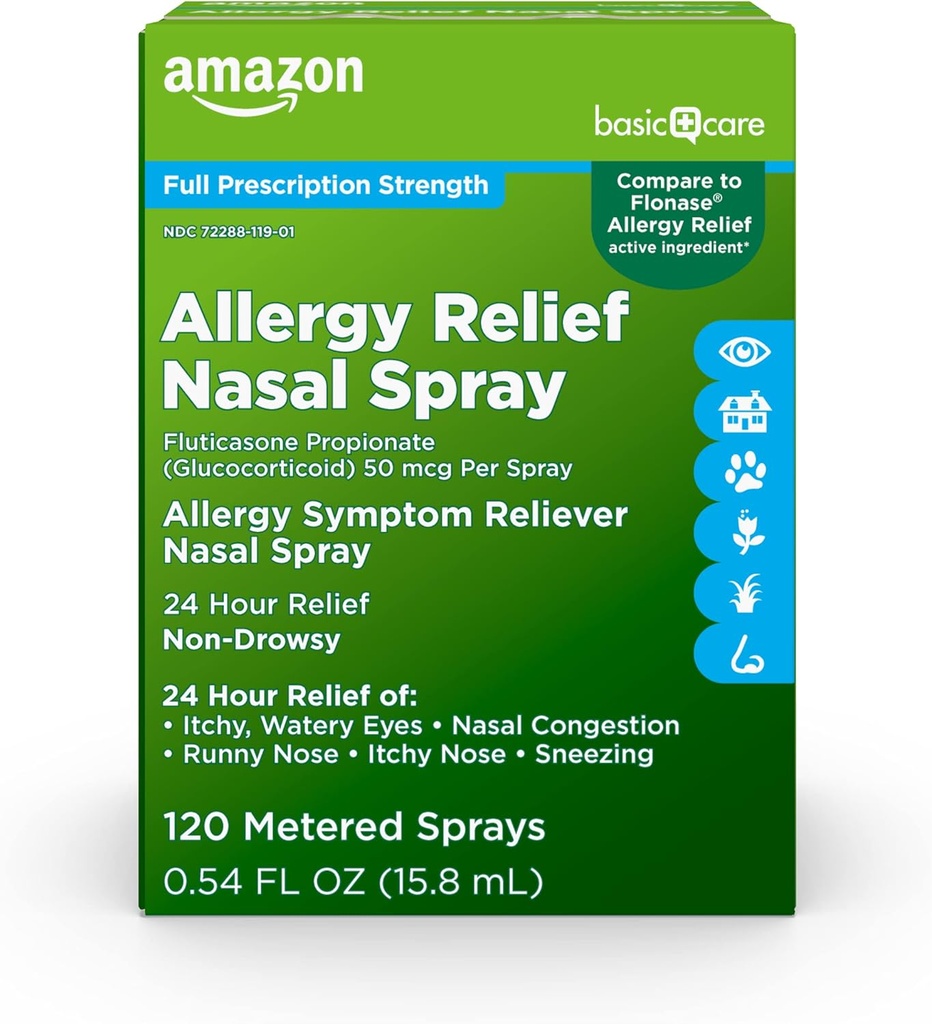 基本护理 24-Hour过敏性肾上腺喷洒、氟丙酮丙酮丙酮(Glucocoortioid),50 mcg Per Spray,全处方强度,非昏睡,0.54 fl oz(Pack of 1)