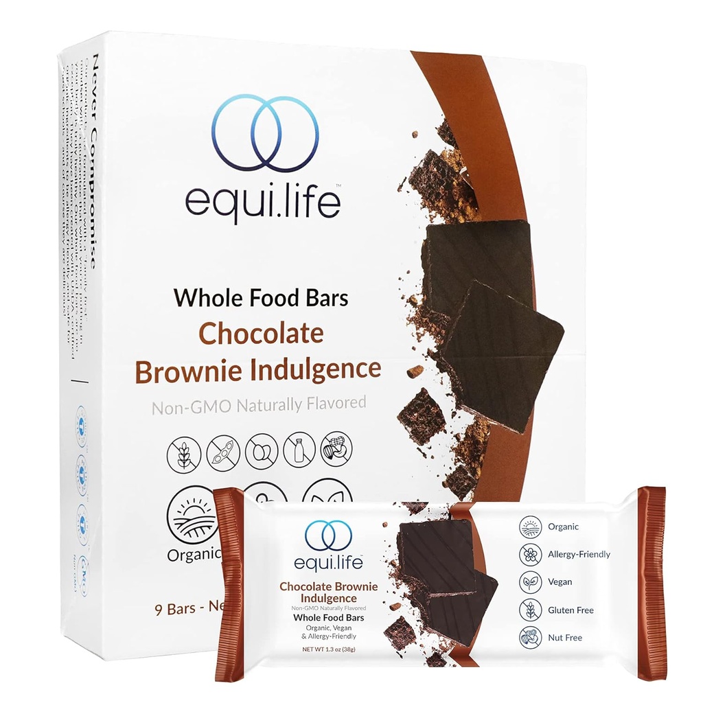 EquiLife - Whole Food Bars, Paleo & Vegan Protein Bars, Organic Nutrition Bars, 6g of Protein, Under 200 Calories, Rich Cocoa Flavor, Travel-Size, Gluten-Free, Soy-Free (Chocolate Brownie, 9 Count)