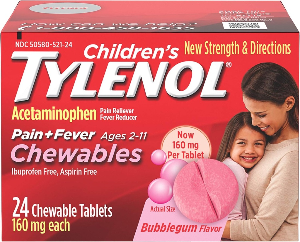 儿童Tylenol Chewables,《疼痛和发热救济的乙酰氨基苯》,泡泡胶,24厘米