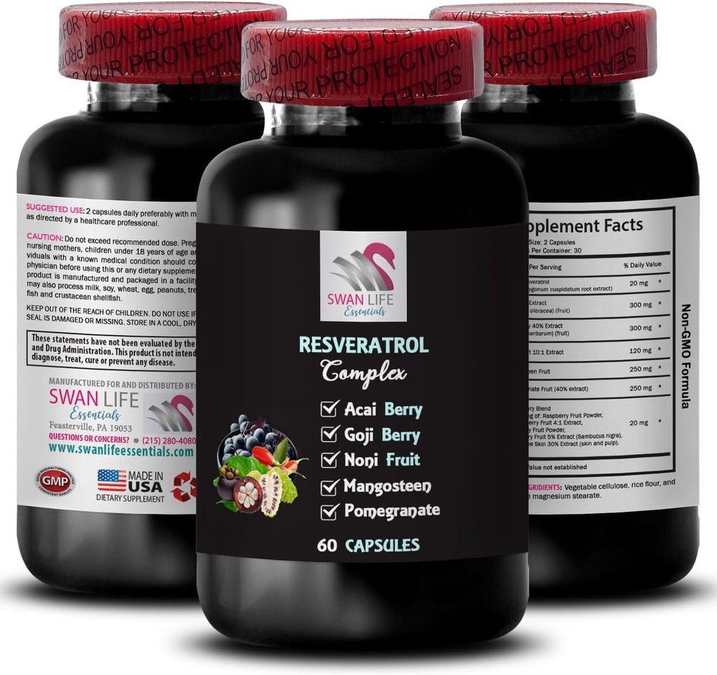 抗氧化剂盾 - RESVERATROL COMLEX - Acai Berry boost,水力因子,Noni Blend, Daily Energy, Berry超食品,蓝莓平衡,自然强力,刷新Blend 1瓶60卡普苏尔