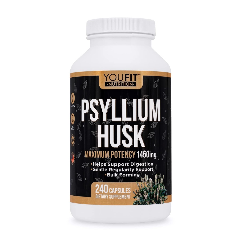 PSYLLIUM HUSK 笼盖 - Premium Psyllium Fiber 补充 - 促进肠内健康和正常性 - 100% 天然可溶性纤维 1450mg 每架服役 - 240个笼盖