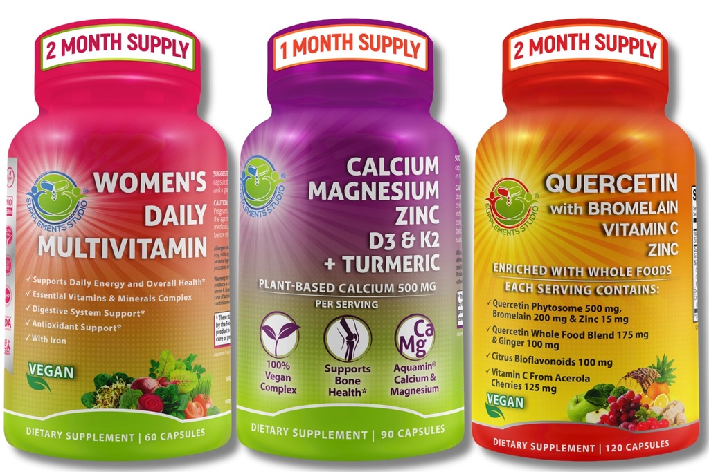 基于植物的Imune, Bone & Energy Support Bundle – 与布罗梅兰,维生素C & Zinc + 钙镁 与 D3, K2 & Turmeric + 女性多维他命 与铁和有机超食品