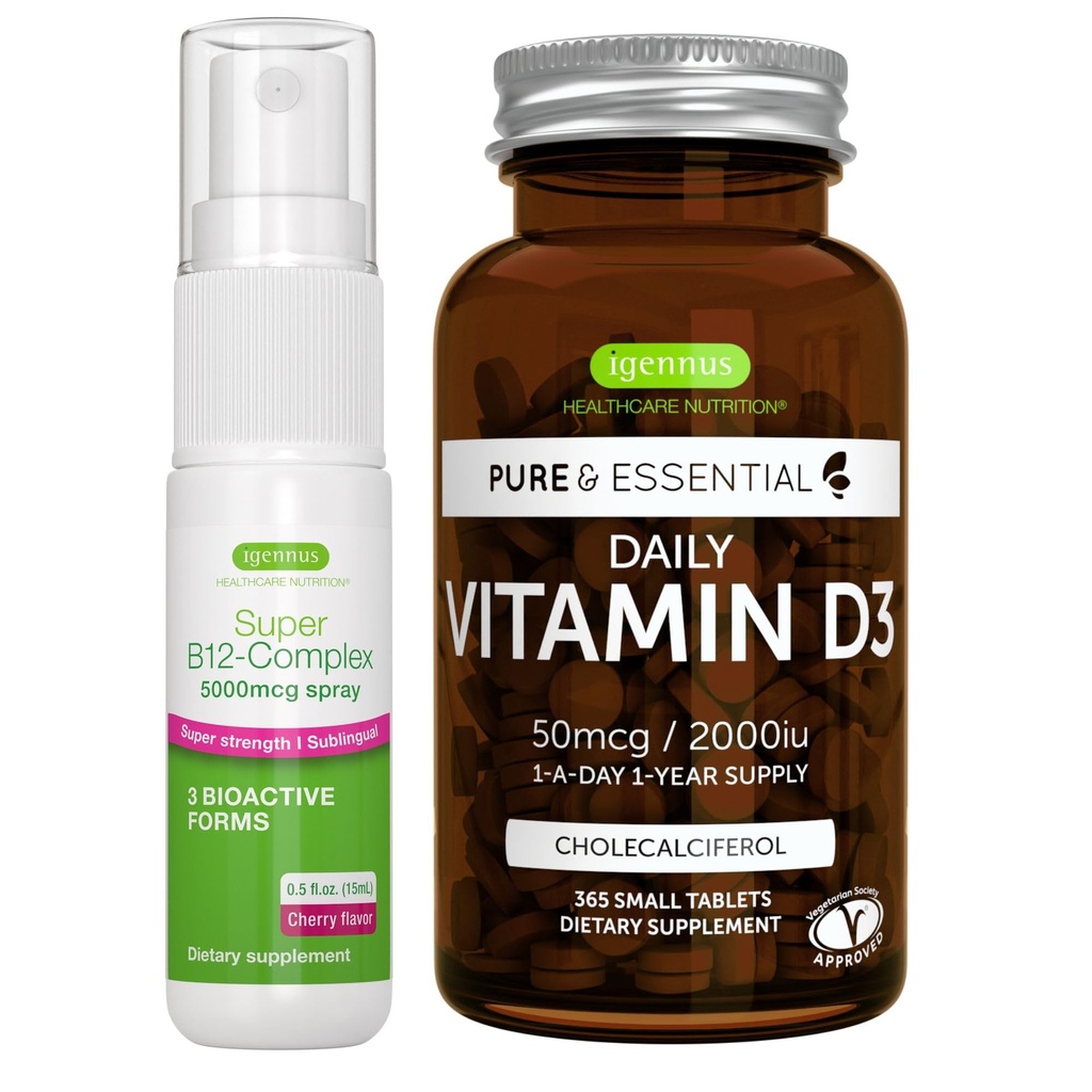 每日维生素D3 + 超级B12- Complex 5000mcg 蔬菜包,365 2000iu 维生素D3 片 + 高强度 B12 樱桃 Flavor 亚语言喷洒,由Igennus编写