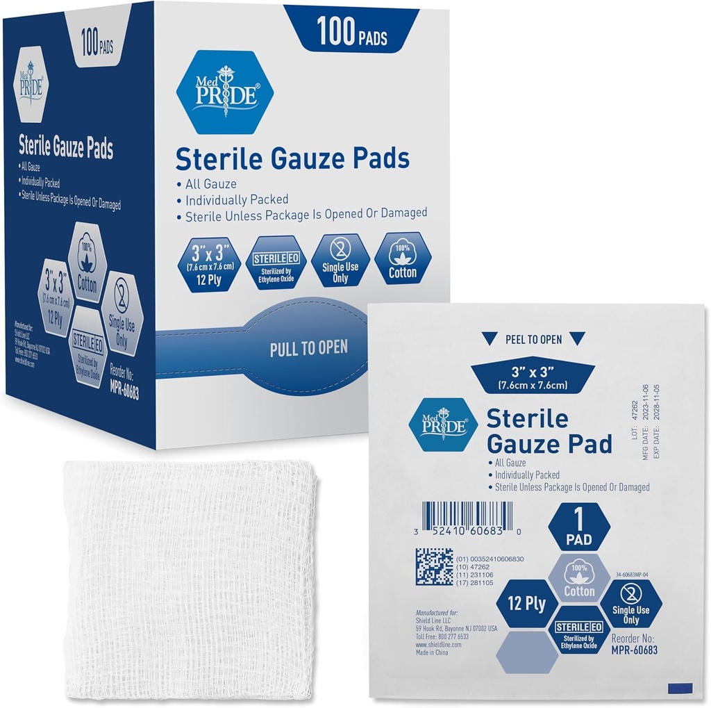 MED PRIDE Sterile Gauze 服装,12 Ply 高吸附性棉花,个人包装,无棍子,无痛清除(3x3英寸(100袋))