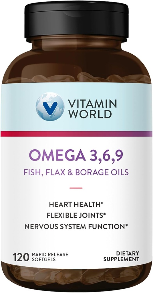 维生素世界三联3-6-9 300mg 配有鱼、法兰斯、博拉奇和晚间普里姆罗斯油、欧米茄-3 配有EPA & DHA的脂肪酸、支持心、脑和免疫健康、Gluten Free、120软胶