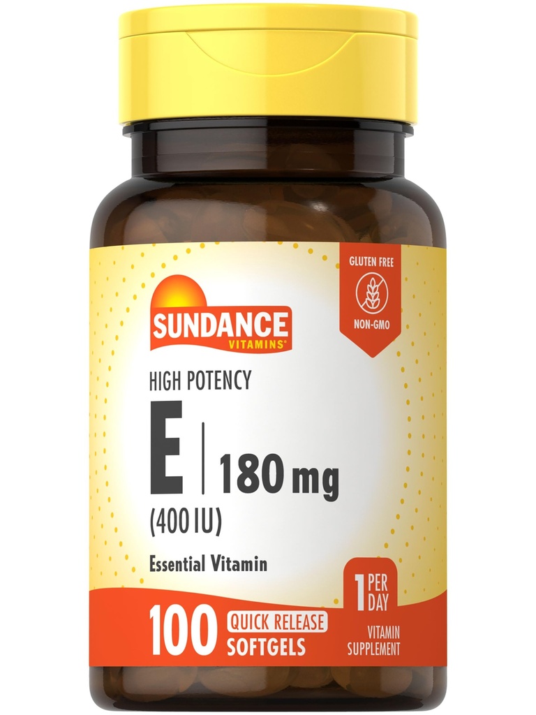 Sundance Vitamin E 180mg(400 IU) QQ100 快速释放软胶 QQ 高概率公式 QX N-GMO 和 Gluten 免费补充