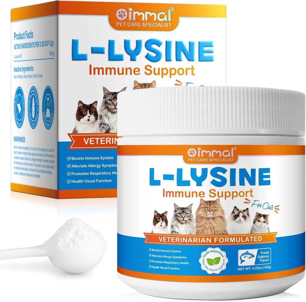 L-Lysine Powder for Cats, 120g Lysine Powder supports Cats Imune System, 呼吸卫生与视觉功能 — Lysine Powder 改良猫眼排气, 宠物卫生用品, Salmon Flavor - 4.23oz