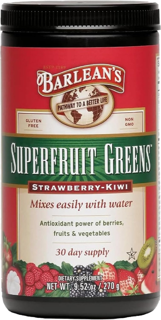 Barlean's Superfruit Greens Powder With Antioxidant Power Of Berries, Fruits And Vegetables – Strawberry Kiwi Flavor - Vegan, Non-GMO, Gluten-Free - 9.52 oz