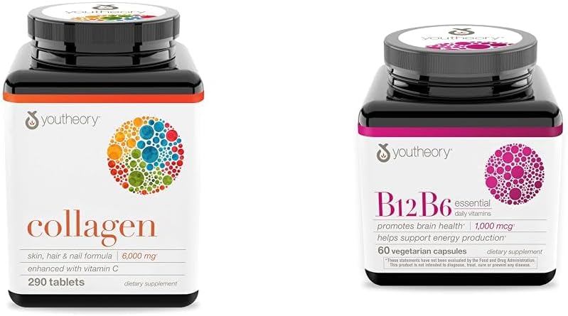 Youtheory Collagen with Vitamin C, 最佳吸附和维生素B12 B6的高级水解公式,每日能量和大脑支持补充剂,蔬菜卡普尔斯, 60 cmt