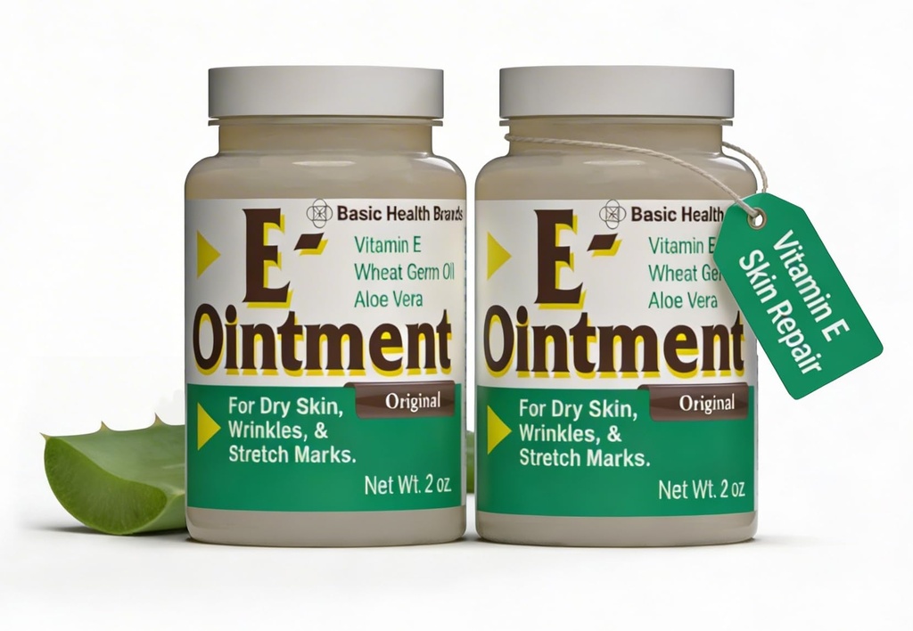 基本品牌 - 维生素E Ointment - 2oz - 增加湿度 - 可以帮助减少疤痕外观,伸展标记,细线和皱纹 - 2-Pack