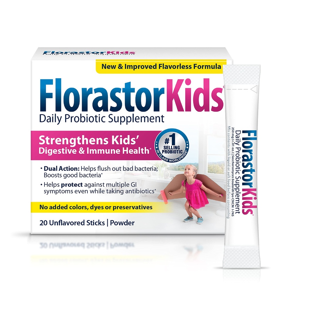Florastor Kids Daily Probiotic Supplements, 未经口味的粉末混合食品或饮料, 使用抗生素, Saccharomyces Boulardii CNCM I-745 (20 Sachets), Pack of 2
