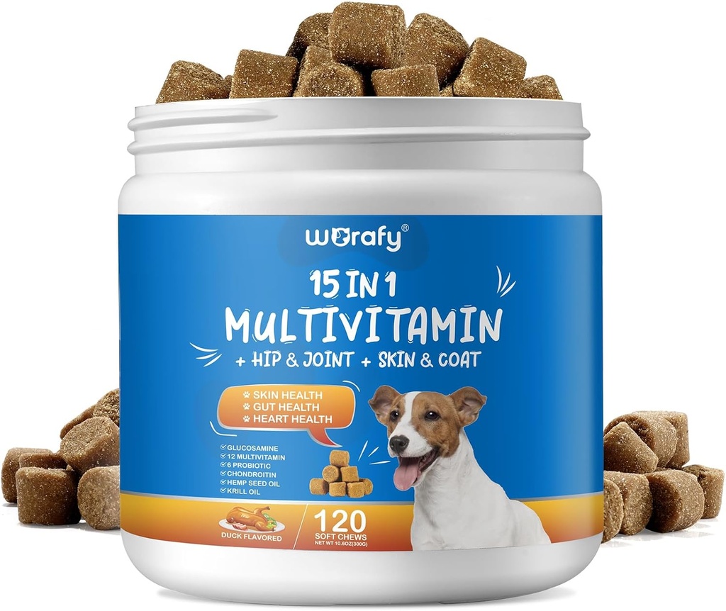 狗多维特敏 与Glucosamine,15-in-1 狗多维特敏 补品,多维特敏 狗多维特敏 健康支持 - 狗皮, Coat, Heart, for Dogs of All Ages and Breeds, 120 Soft Chews Duck Flavor