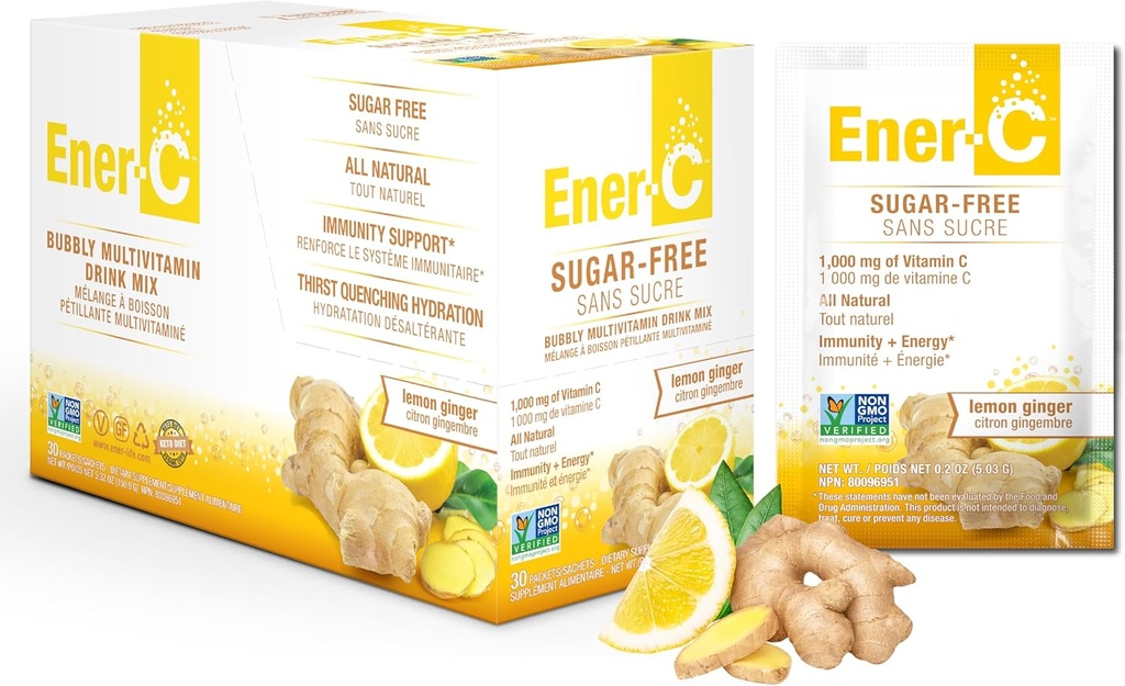 Ener-C 无糖柠檬 姜多维他命 饮用混合剂 1000mg 维生素 C, Non-GMO, Vegan, Real 水果汁粉,自然豁免支持,电解质, Gluten Free, 1-Pack of 30