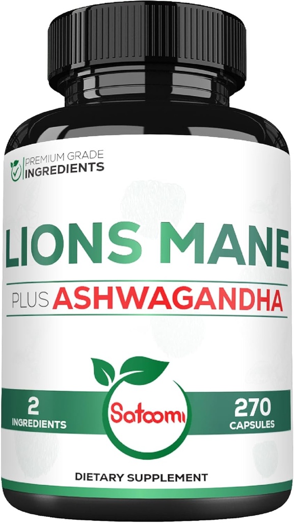 Satoomi Lions Mane Supplements with Ashwagandha Supplements - 270 Capsules - 高度集中用于静心、脑健康、免疫系统和重点支持 - 无糖、非GMO