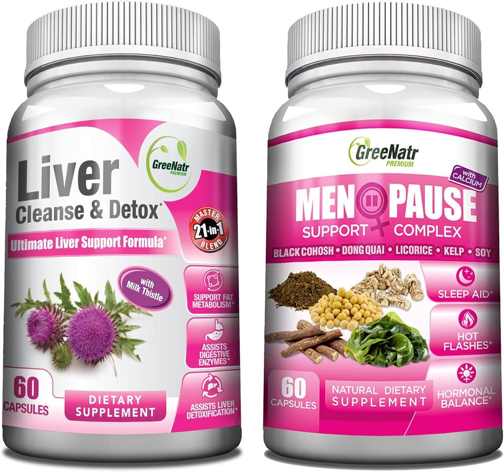 GreeNatr Synergic Bundle - 草本更年期支持热闪光,夜间汗水和Mood Swings Relief Plus 总的肝脏复苏与我们的协同肝脏清洁