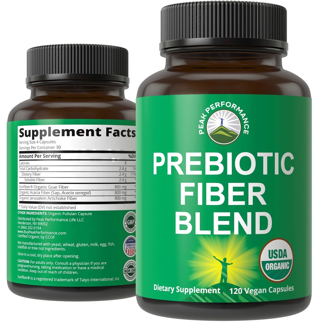 USDA有机3-in-1 Prebiotic Fiber - Vegan Capsules for Gut, 消化健康. 原全食品厂以胰岛素(耶路撒冷蒿科)、阿卡西亚纤维、太阳纤维为原料的先生药丸