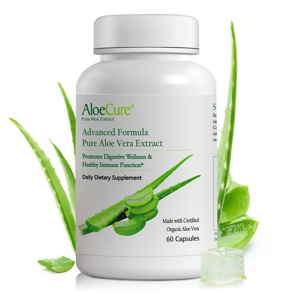 AloeCure Organization Aloe Vera Capsules, 13万mg inner Aloe Leaf Equivenant per service, 支持古特健康与消化舒适,胃酸缓冲,天然免疫补充, Aloin Free, 60 Capsules