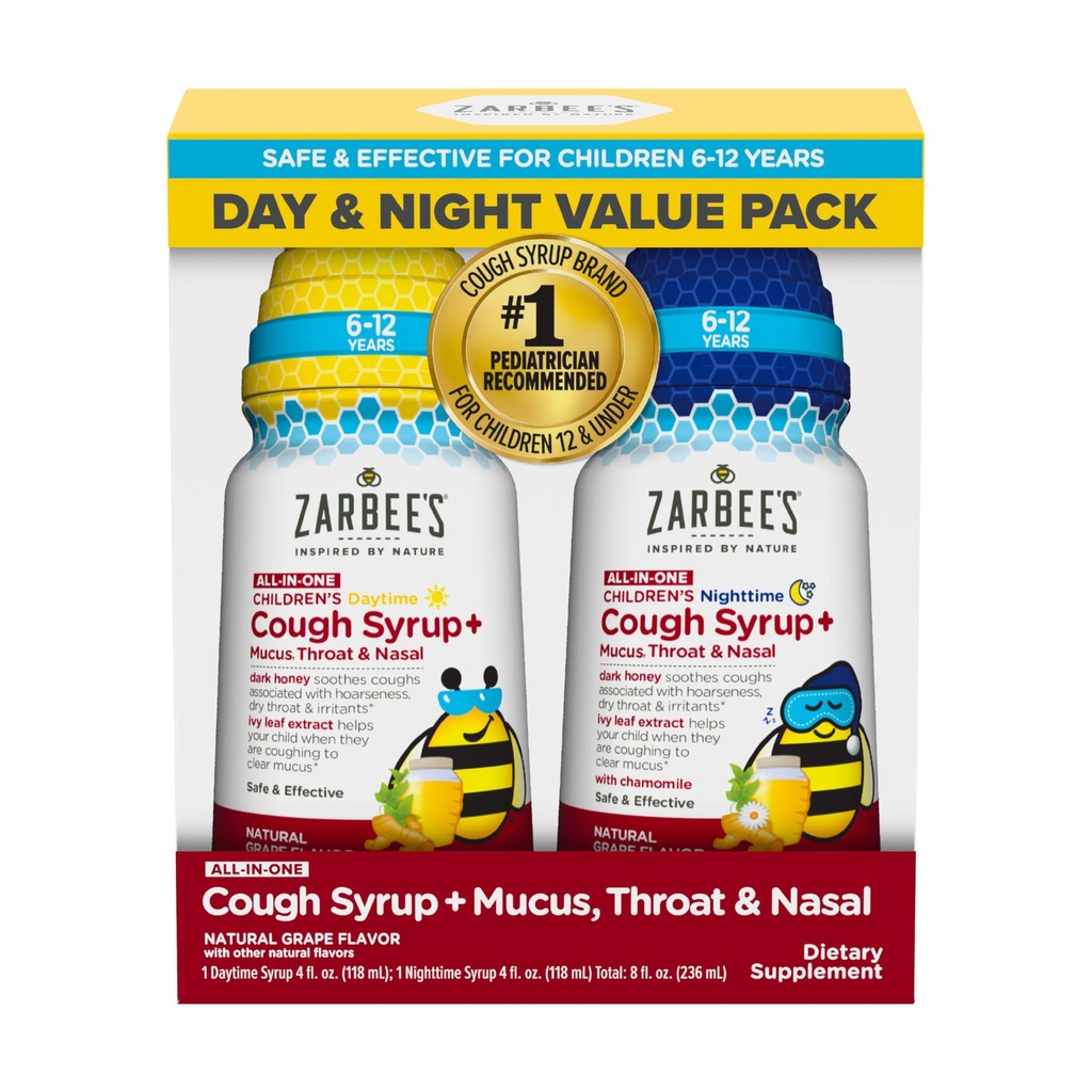 Zarbee's Children's All-in-One Honey Cough Syrup + Mucus, 喉咙和鼻窦日与夜值2 pack for Kids 6-12 + Dark Honey, Ivy Leaf 提取器,锌的涡根与B-维生素,葡萄,2×4 f.