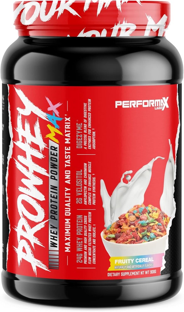 ProWhey Max Whey 蛋白质粉末 最大质量和味道 24g 蛋白质 添加消化酶 美味火焰(Fruity Cereal, 2英镑)