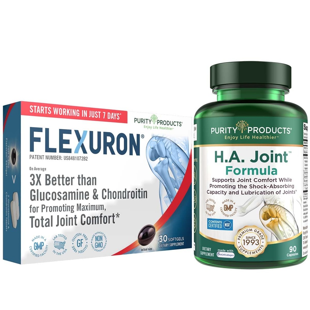 纯度产品 Flexuron 联合公式 + H.A. 联合Flexuron(克里尔石油,低分子重量的Hyaluronic酸,Astaxanthin) - HA 联合(BioCell Collagen, Boswellia Serrata, Quercetin, H.A. +更多)