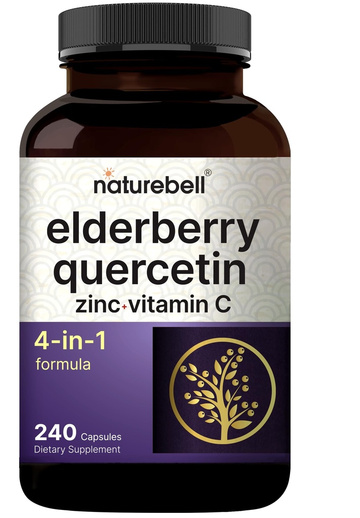 NatureBell Sambucus Elderberry Capsules, 5000mg Per 与Quercetin 500mg, 维生素C和锌, 240 Counter QQ 欧洲黑老莓水果提取 — 4 in 1 Immune支助补编