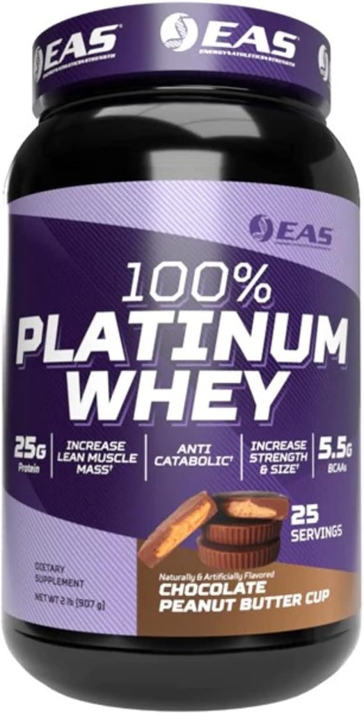 EAS 100% 白金 → 3 Ultra-Platinum Whey 蛋白质 → 增加尺寸和力量 + 25g 蛋白质 + 5.5g BCAAs → 2 磅(巧克力花生酱杯)