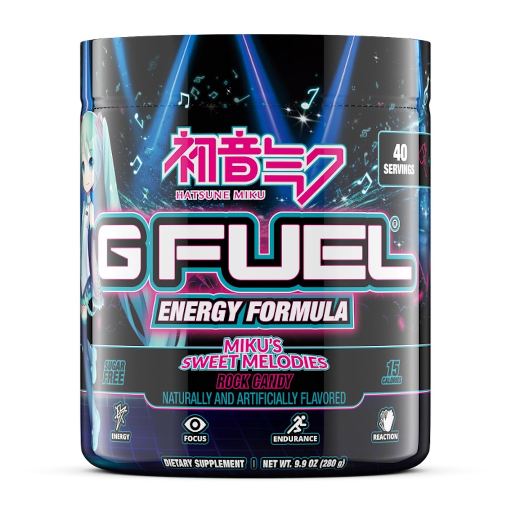 G Fuel Sweet Melodies Hatsune Miku Energy Drinking Powder, Pre Watchout Cafeine Mix for Gaming, Free Focus 氨基糖,维生素+抗氧化剂, 9.9oz (Rock Candy, 40 services) (Rock Candy, 40 services) (英语).