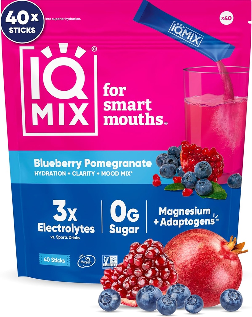 IQMIX 水解电解石粉 — 4-in-1 水解,精神清晰,摩德和复苏的公式 — 无糖饮用混合, Keto, 镁 L- Threonate, Lion's Mane — 40 Count Blueberry Pomegrant