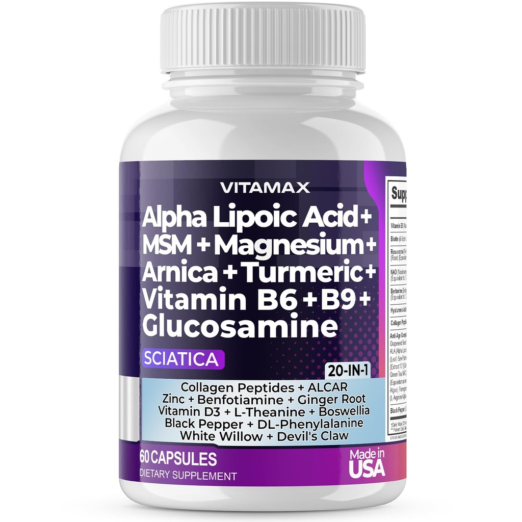 神经神经健康支持 - 含有叶酸、皮亚、Glucosamine、MSM、维生素B复合体、Alpha Lipoic Acid 300mg – 60ct – 在美国生产的神经神经神经补充剂